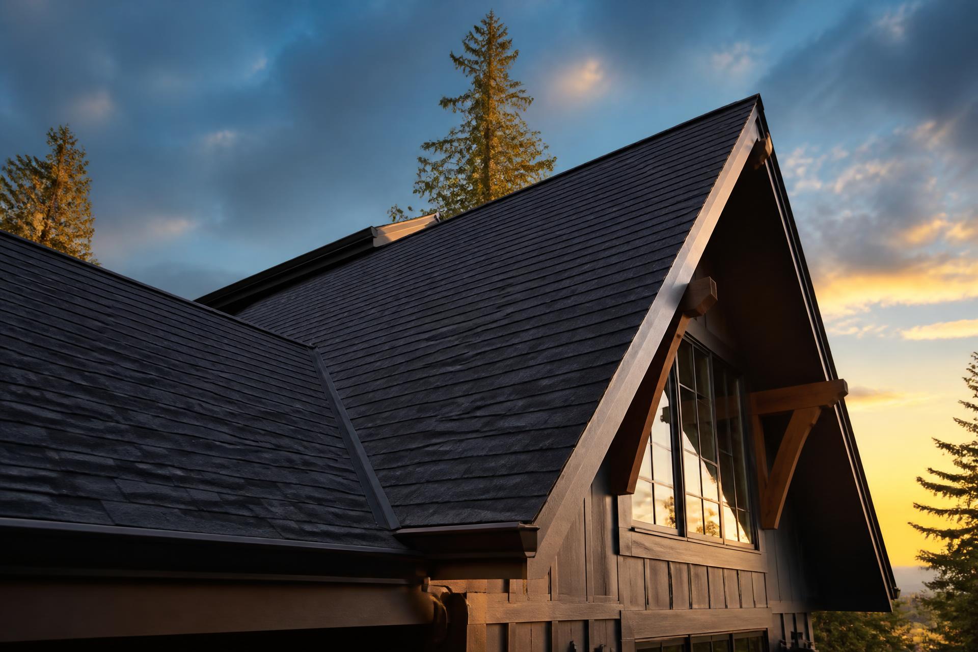 Newly installed dark shingle roof on a Vancouver-area home at sunset