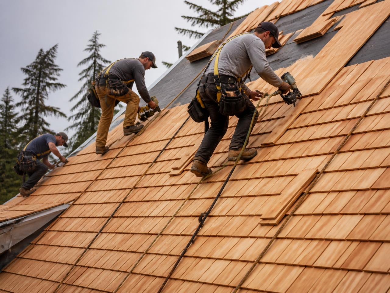 Dulai Roofing crew installing cedar shake shingles on a steep roof
